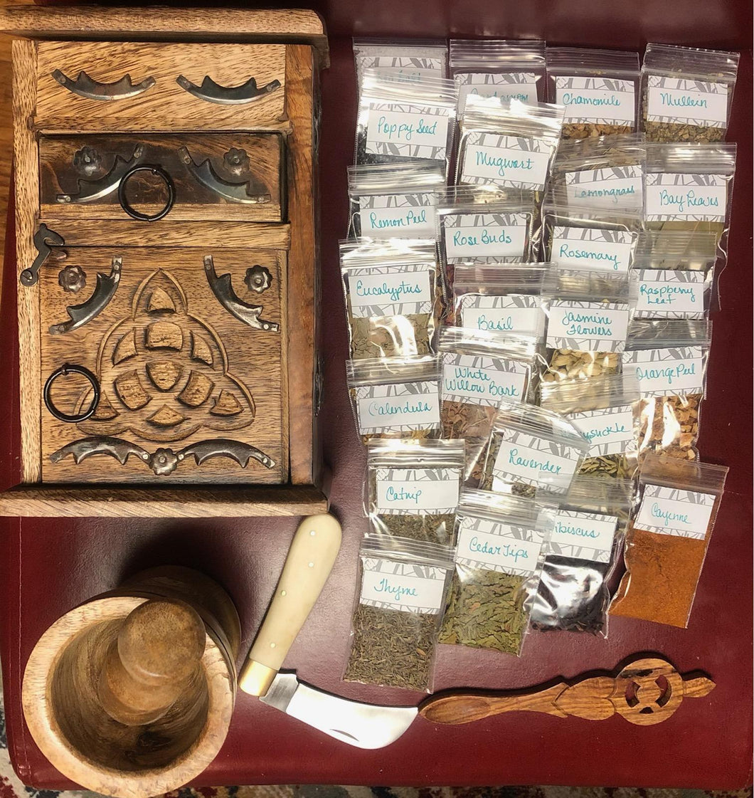 Green Witch Starter Kit (Chest, Herbal Spoon, Boline, Mortar and Pestle, 25 Starter Packs of Herbs) Items Can be Purchased Separately