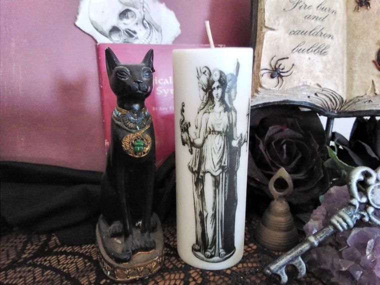 Hecate Triple Goddess Tattooed Pillar Candle (Crossroads, Honor, Devotion, Justice, Decisions)